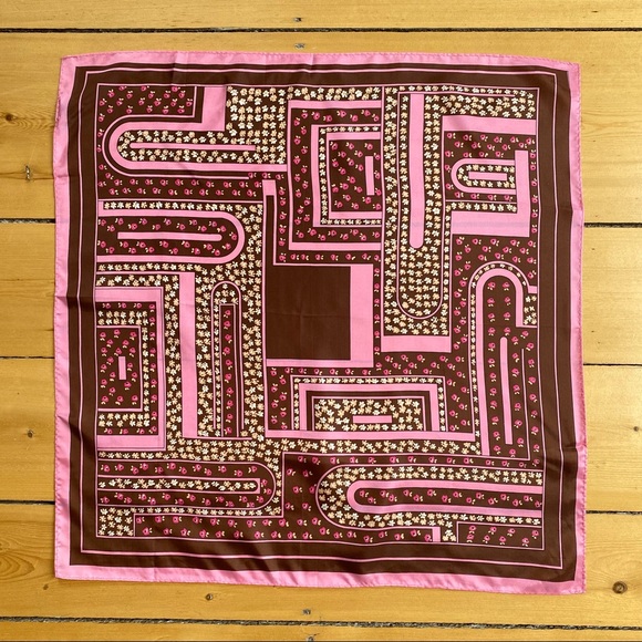 Vintage Accessories - Vintage Pink & Brown Square Scarf Japan